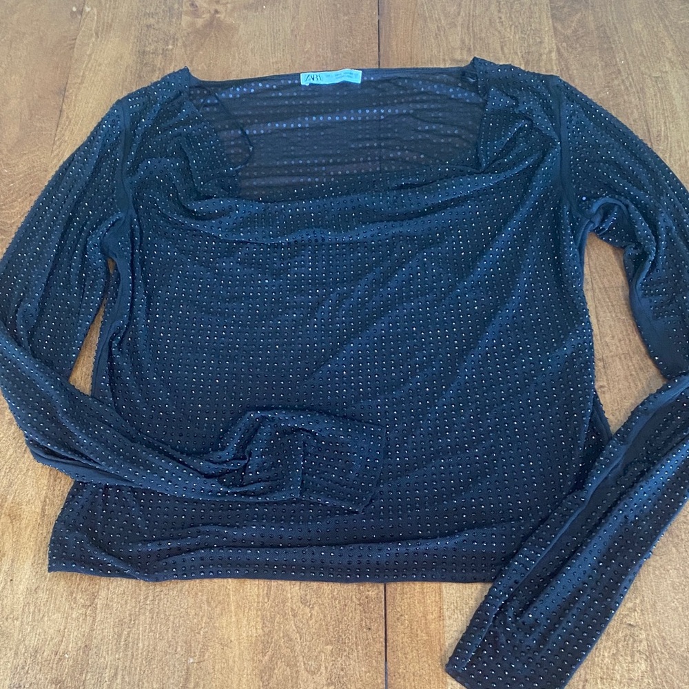 Zara Black Rhinestones Sheer Long Sleeve Top Large